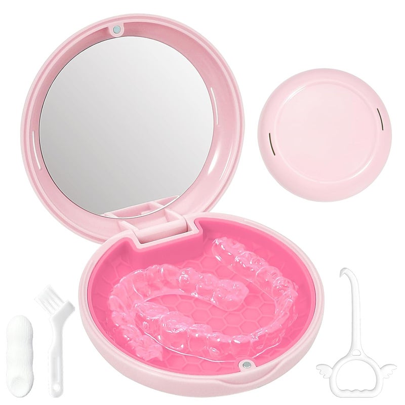 Gaboolo Store Retainer Case Slim Aligner Case with Vent Holes Removable Inner Tray Silicone for Easy Cleaning, Retainer Removal Tool and Brush (Opaque Pink) - Image 1